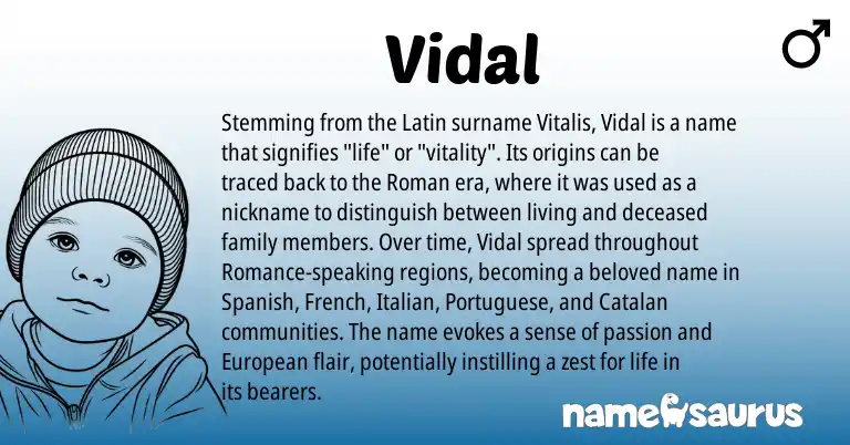 Infographic about Vidal name meaning, Vidal is a name from Portuguese, Spanish, Catalan, European, French, Roman, Latin, Italian origin(s).