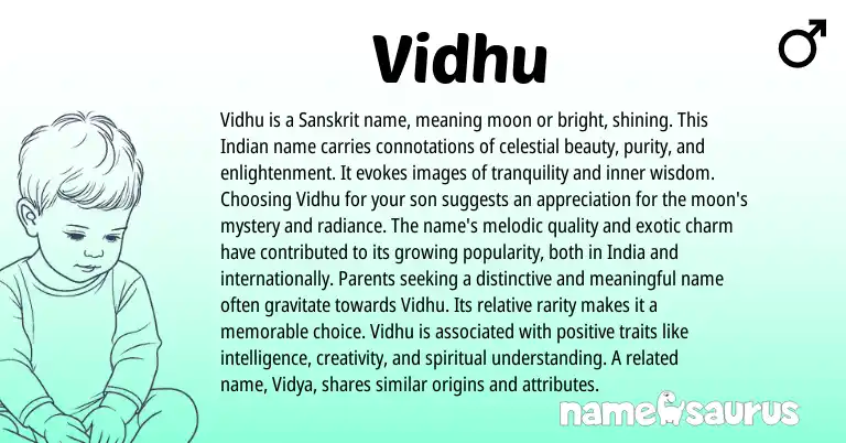 Infographic about Vidhu name meaning, Vidhu is a name from Indian, Sanskrit origin(s).