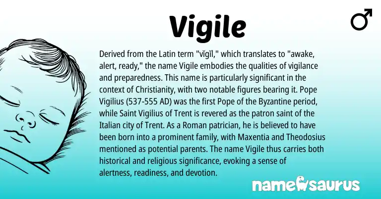 Infographic about Vigile name meaning, Vigile is a name from Roman, Christianity, Latin, Italian origin(s).