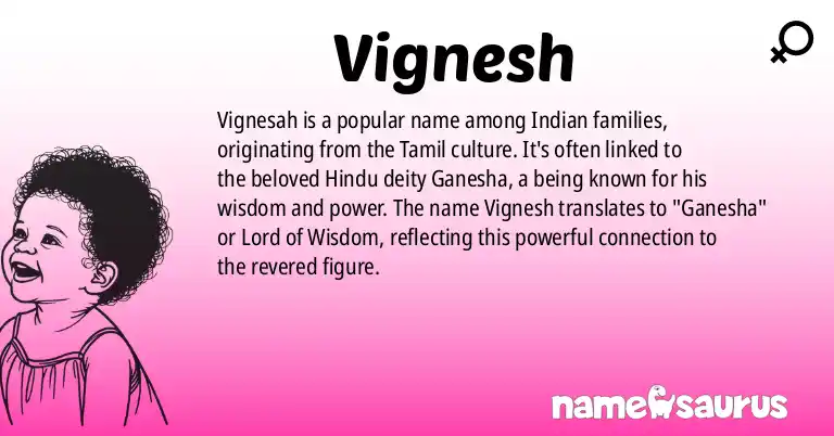 Infographic about Vignesh name meaning, Vignesh is a name from Indian, Tamil origin(s).