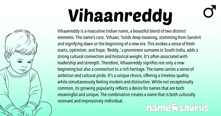 Infographic about Vihaanreddy name meaning, Vihaanreddy is a name from Indian, Sanskrit origin(s).