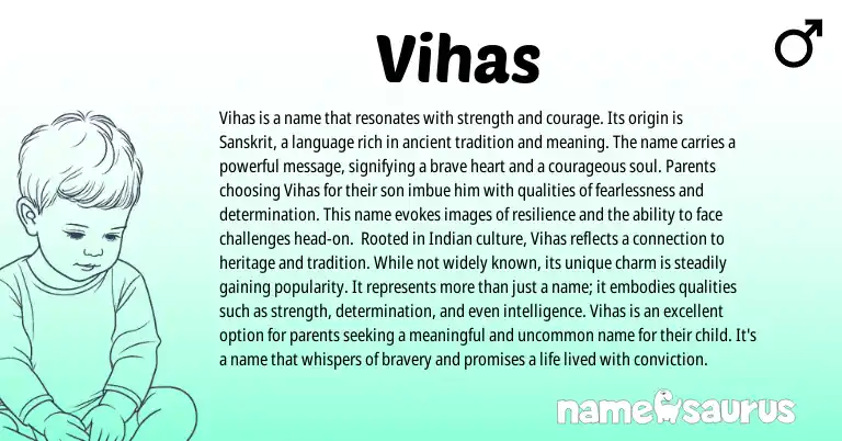 Infographic about Vihas name meaning, Vihas is a name from Sanskrit origin(s).