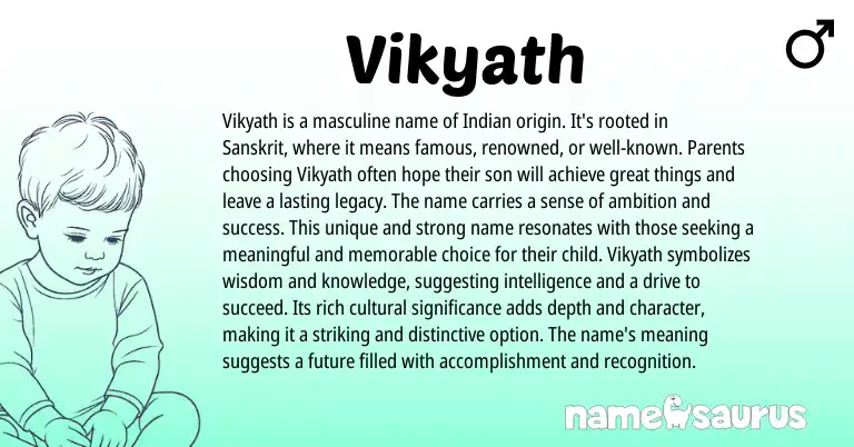 Infographic about Vikyath name meaning, Vikyath is a name from Indian, Sanskrit origin(s).