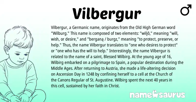 Infographic about Vilbergur name meaning, Vilbergur is a name from Old High German, Austria, Germanic, Spain origin(s).