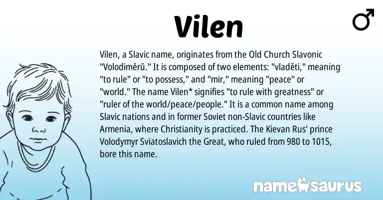 Infographic about Vilen name meaning, Vilen is a name from Slavic, Christianity, Soviet origin(s).