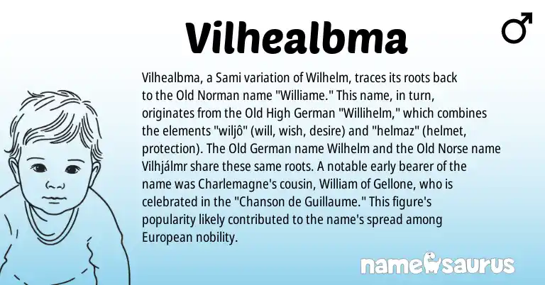 Infographic about Vilhealbma name meaning, Vilhealbma is a name from Old Norse, Sami, Old High German, European, Old Norman, Old German origin(s).