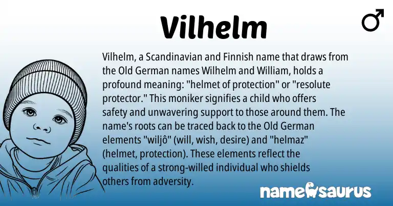 Infographic about Vilhelm name meaning, Vilhelm is a name from Old German, Scandinavian, Finnish origin(s).