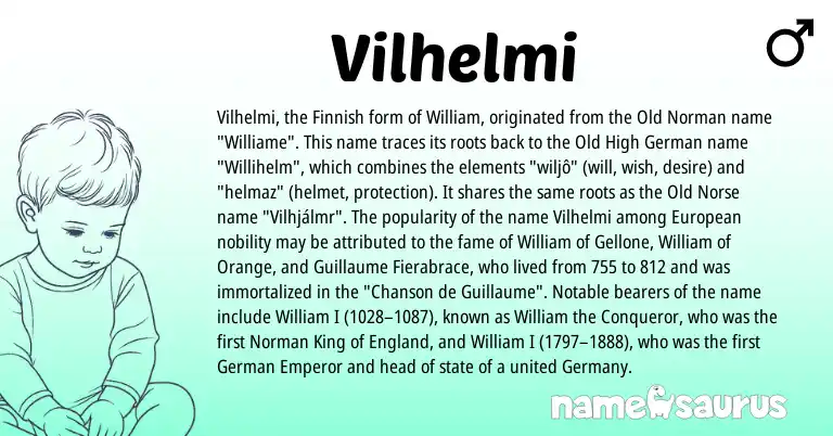 Infographic about Vilhelmi name meaning, Vilhelmi is a name from Old Norse, Finnish, Old High German, European, England, Old Norman, German, Norman origin(s).