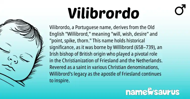 Infographic about Vilibrordo name meaning, Vilibrordo is a name from Irish, British, Netherlands, Old English, Portuguese origin(s).