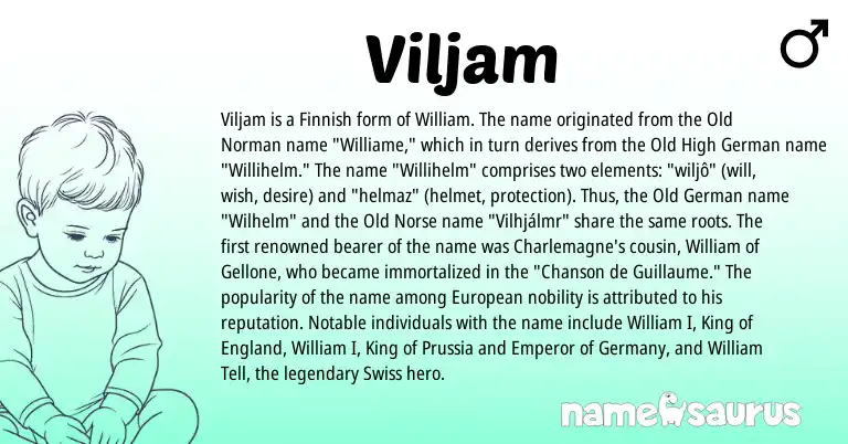 Infographic about Viljam name meaning, Viljam is a name from Old Norse, Finnish, Swiss, Old High German, European, England, Old Norman, Old German origin(s).