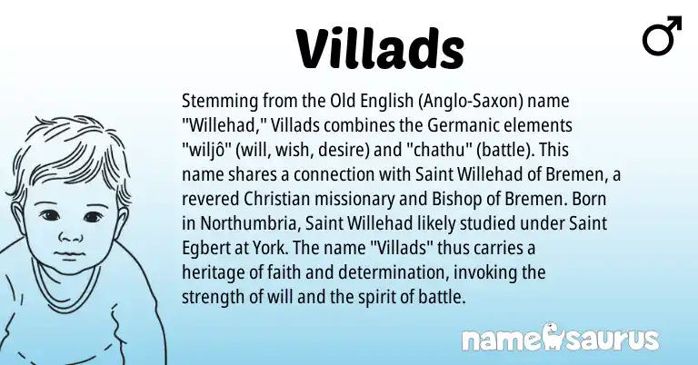 Infographic about Villads name meaning, Villads is a name from Old English, Germanic, Anglo-Saxon origin(s).