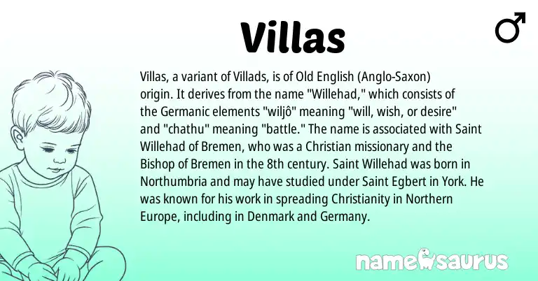 Infographic about Villas name meaning, Villas is a name from Old English, Christianity, Germanic, Anglo-Saxon origin(s).