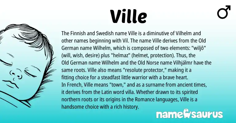Infographic about Ville name meaning, Ville is a name from Old Norse, Finnish, Swedish, French, Latin, Old German origin(s).