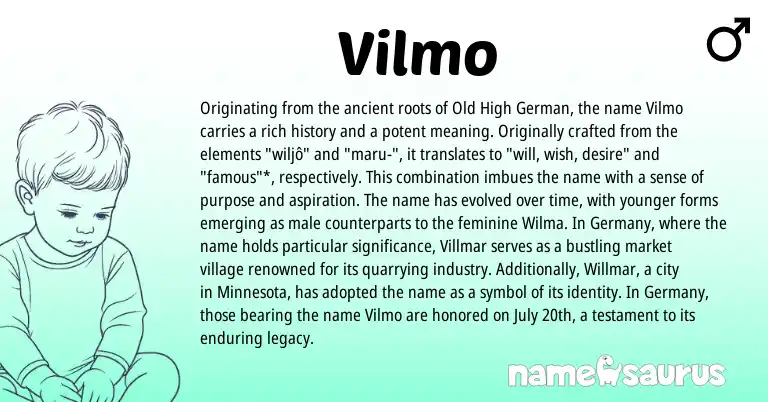 Infographic about Vilmo name meaning, Vilmo is a name from Old High German origin(s).