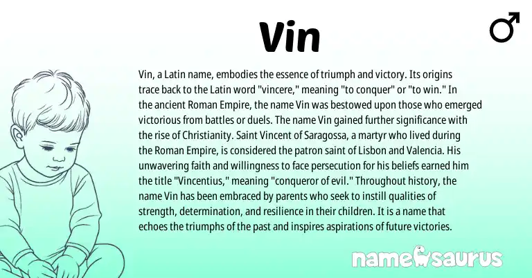 Infographic about Vin name meaning, Vin is a name from Roman, Christianity, Latin origin(s).