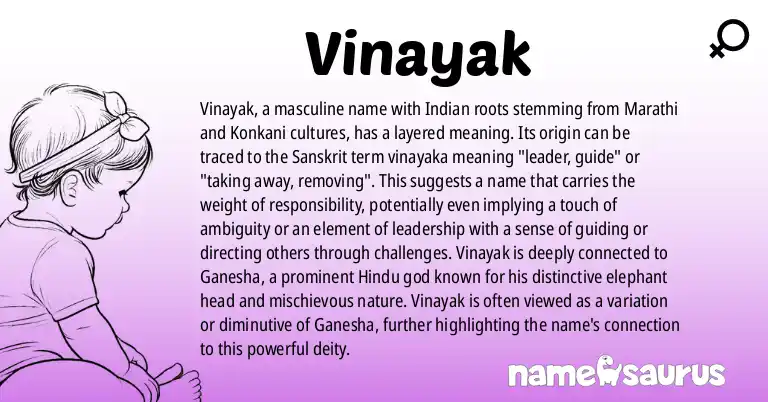 Infographic about Vinayak name meaning, Vinayak is a name from Indian, Marathi, Konkani, Hindi origin(s).