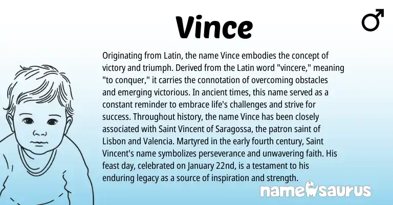 Infographic about Vince name meaning, Vince is a name from Latin origin(s).