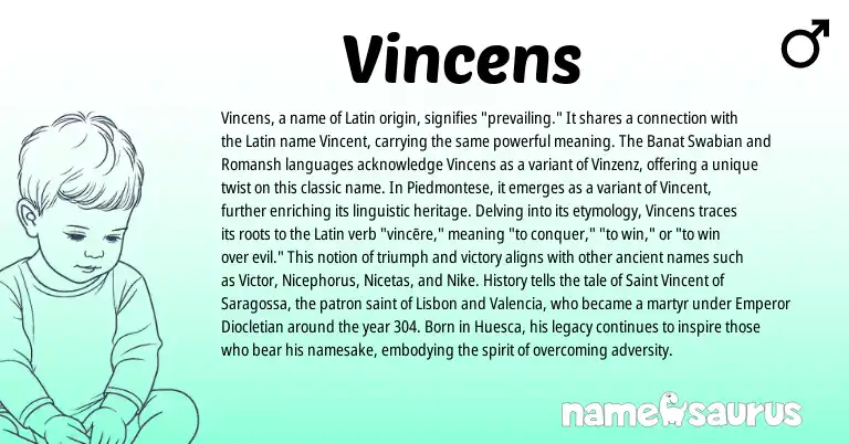 Infographic about Vincens name meaning, Vincens is a name from Romansh, Banat Swabian, Latin, Piedmontese origin(s).