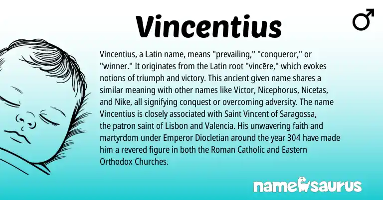 Infographic about Vincentius name meaning, Vincentius is a name from Roman, Latin origin(s).