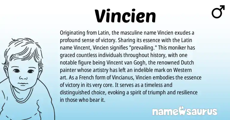 Infographic about Vincien name meaning, Vincien is a name from Dutch, French, Latin origin(s).