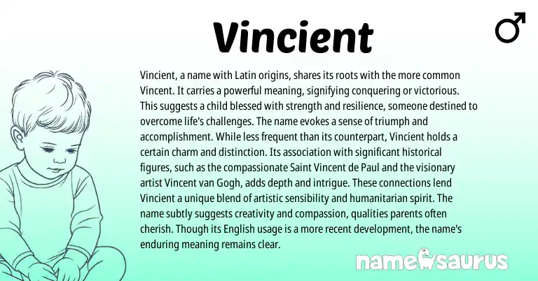 Infographic about Vincient name meaning, Vincient is a name from Latin, English origin(s).