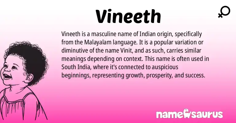 Infographic about Vineeth name meaning, Vineeth is a name from Indian, Malayalam origin(s).