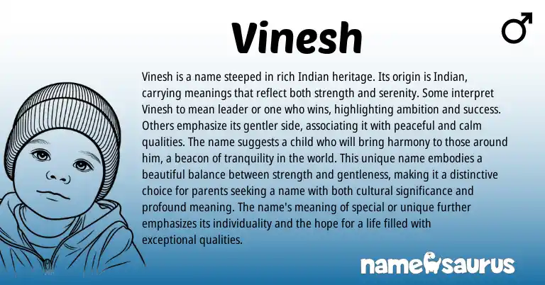 Infographic about Vinesh name meaning, Vinesh is a name from Sanskrit, Indian origin(s).