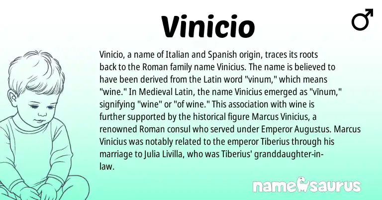 Infographic about Vinicio name meaning, Vinicio is a name from Medieval Latin, Spanish, Roman, Latin, Italian origin(s).