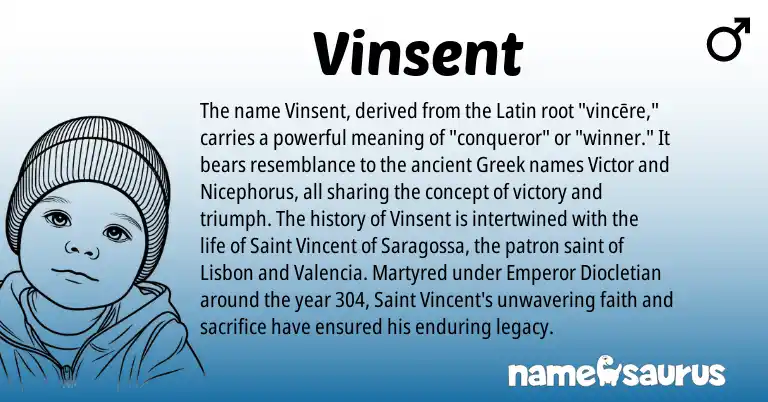 Infographic about Vinsent name meaning, Vinsent is a name from Latin, Greek origin(s).
