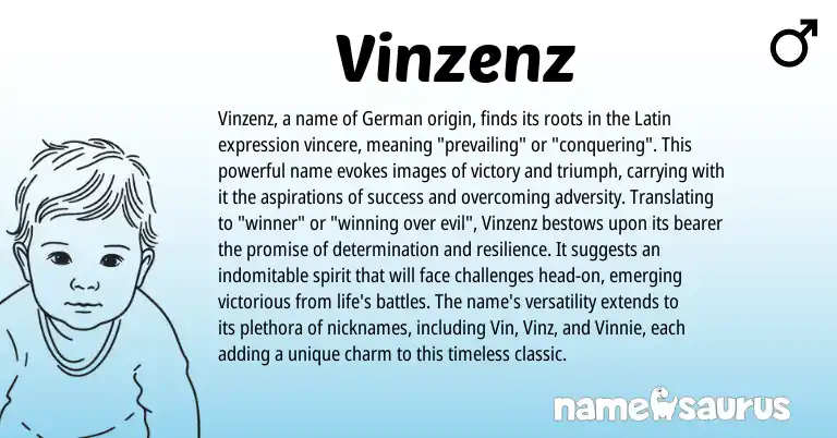 Infographic about Vinzenz name meaning, Vinzenz is a name from German, Latin origin(s).