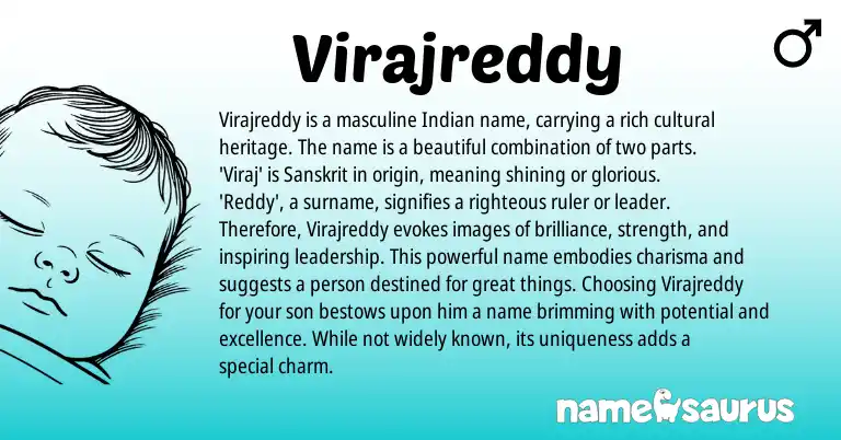 Infographic about Virajreddy name meaning, Virajreddy is a name from Telugu, Indian, Sanskrit origin(s).