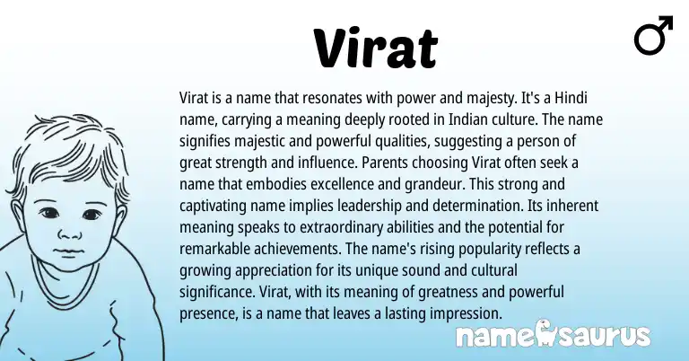 Infographic about Virat name meaning, Virat is a name from Indian, Sanskrit origin(s).
