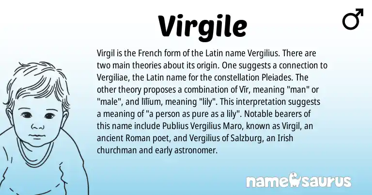 Infographic about Virgile name meaning, Virgile is a name from Roman, French, Latin, Irish origin(s).