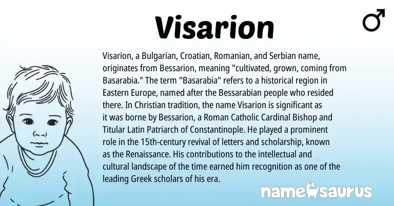 Infographic about Visarion name meaning, Visarion is a name from Bulgarian, Croatian, Roman, Latin, Greek, Romanian, Serbian origin(s).