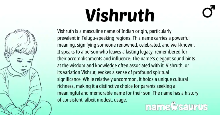 Infographic about Vishruth name meaning, Vishruth is a name from Indian origin(s).