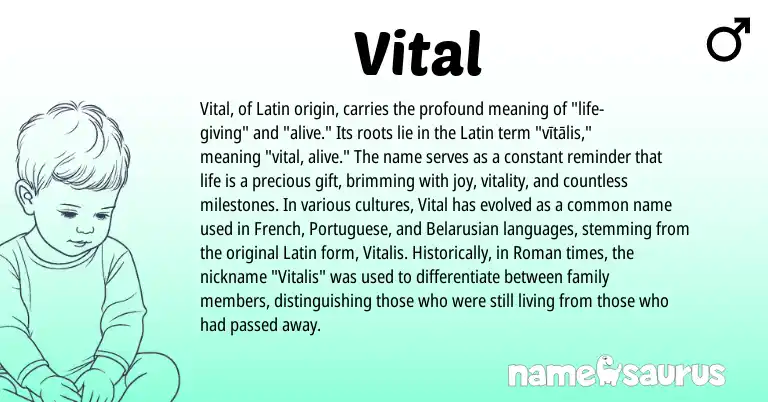 Infographic about Vital name meaning, Vital is a name from French, Roman, Latin, Belarusian, Portuguese origin(s).