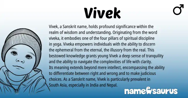 Infographic about Vivek name meaning, Vivek is a name from Sanskrit origin(s).