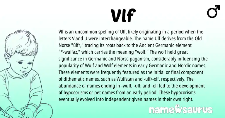 Infographic about Vlf name meaning, Vlf is a name from Old Norse, Ancient Germanic, Germanic, Nordic, Norse origin(s).