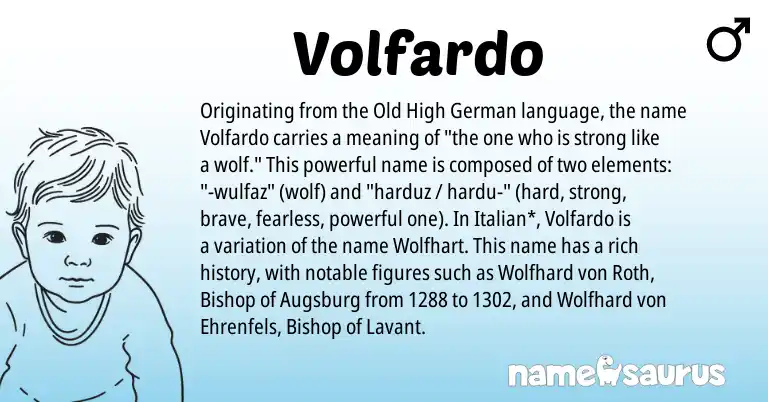 Infographic about Volfardo name meaning, Volfardo is a name from Old High German, Italian origin(s).
