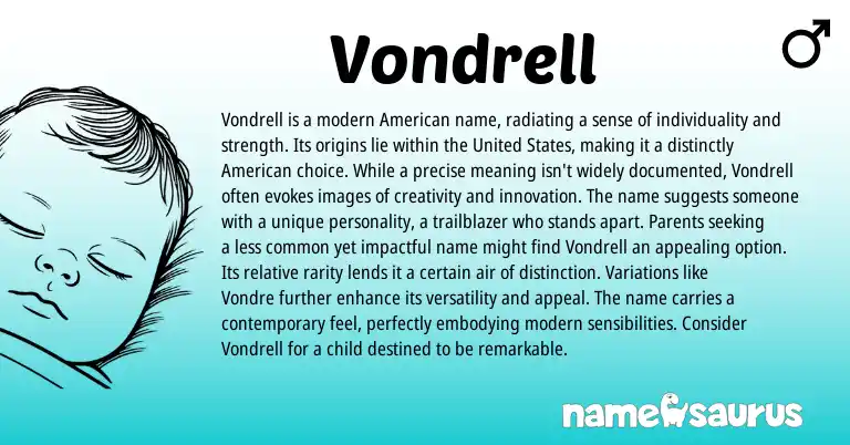 Infographic about Vondrell name meaning, Vondrell is a name from American origin(s).