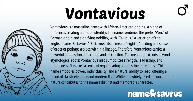 Infographic about Vontavious name meaning, Vontavious is a name from Germanic, English, American origin(s).