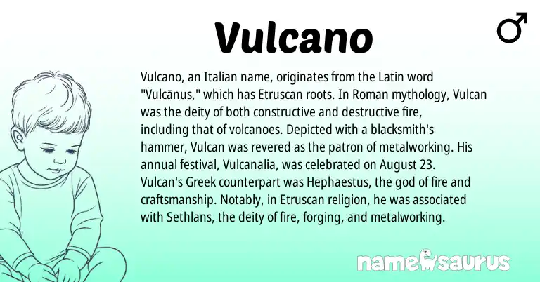 Infographic about Vulcano name meaning, Vulcano is a name from Etruscan, Roman, Latin, Greek, Italian origin(s).