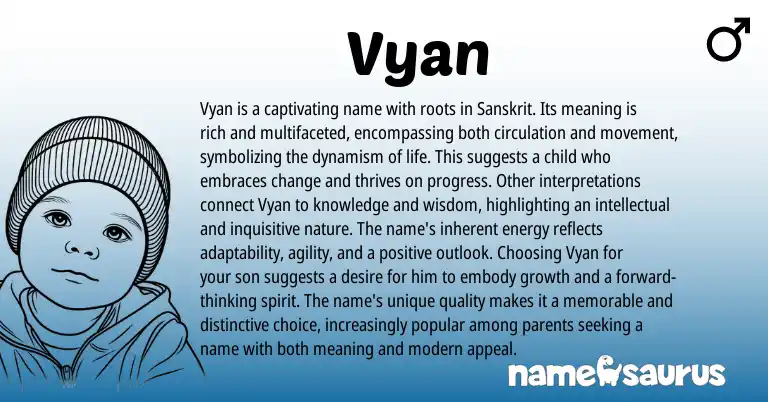 Infographic about Vyan name meaning, Vyan is a name from Hindi, Indian, Sanskrit origin(s).