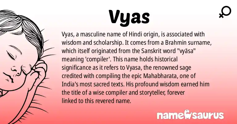 Infographic about Vyas name meaning, Vyas is a name from Hindi origin(s).