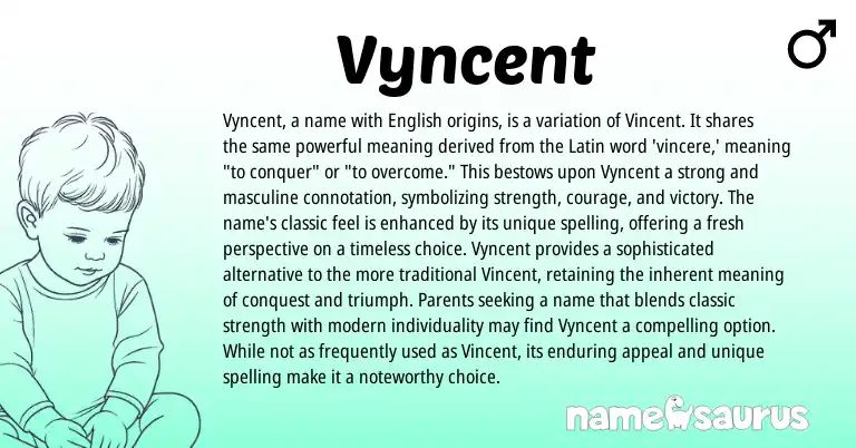 Infographic about Vyncent name meaning, Vyncent is a name from Latin, English origin(s).