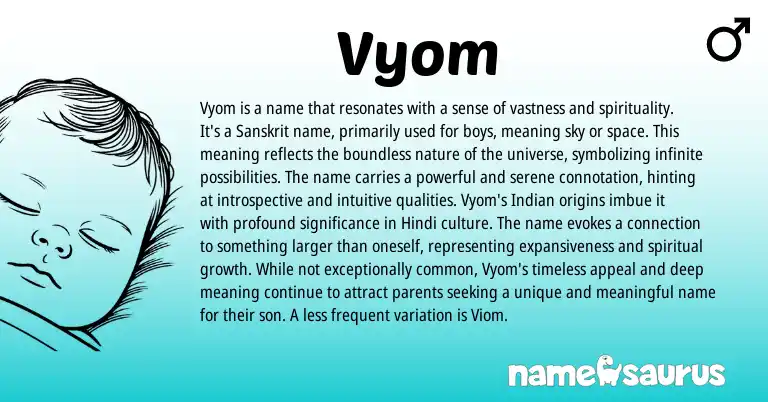 Infographic about Vyom name meaning, Vyom is a name from Sanskrit, Indian origin(s).