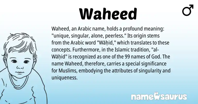Infographic about Waheed name meaning, Waheed is a name from Arabic origin(s).