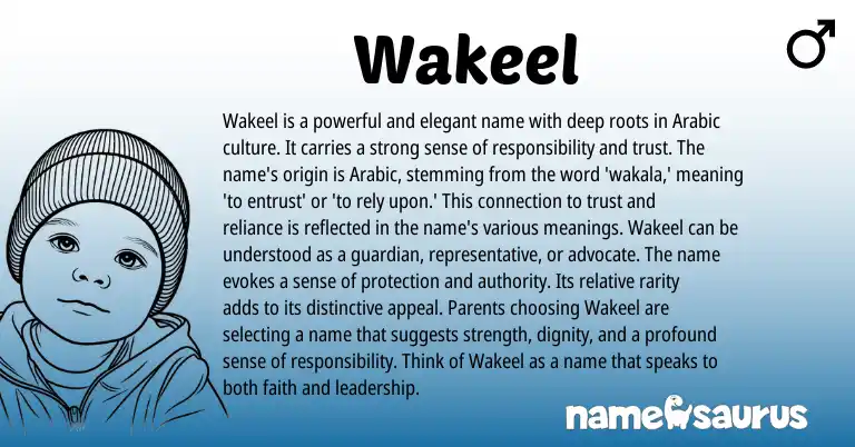 Infographic about Wakeel name meaning, Wakeel is a name from Arabic origin(s).