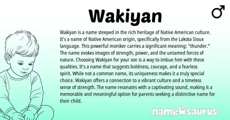 Infographic about Wakiyan name meaning, Wakiyan is a name from Sioux, Lakota, American origin(s).