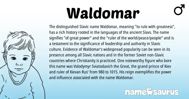 Infographic about Waldomar name meaning, Waldomar is a name from Slavic, Christianity, Soviet origin(s).